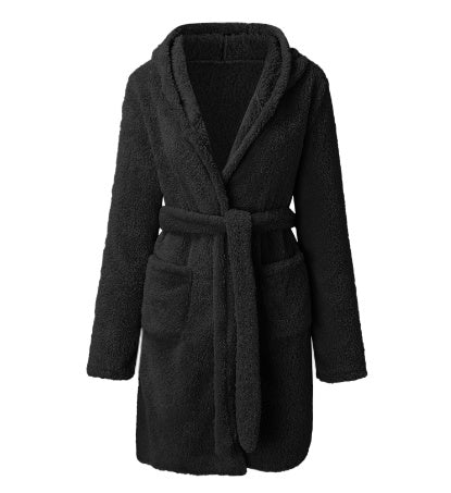 Women's Solid Colour Pockets Hooded Teddy Coat, Casual Long Sleeve Faux Fur Belted Outwear