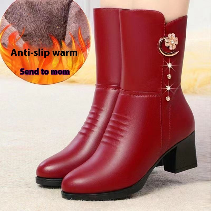 Women's Cotton Boots - Mid-calf Soft Leather Martin Boots