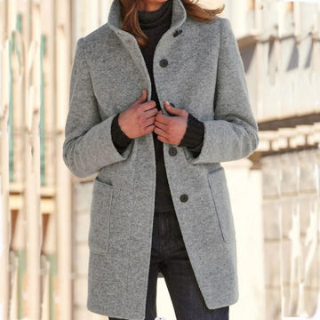 Women's Stand Collar Woollen Coat With Pockets and Suitable For Autumn & Winter - Ladies' Casual Button Outwear