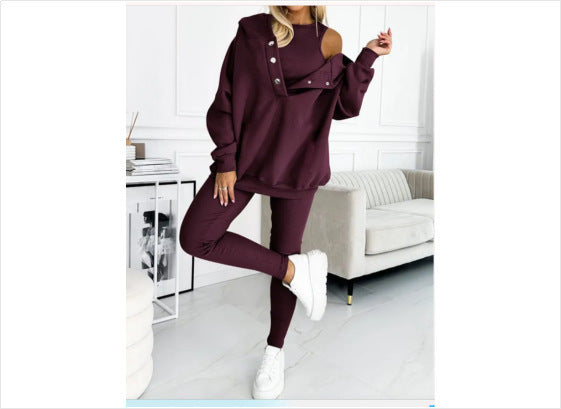 Women's Solid Colour Vest Hoodie And Pants Set