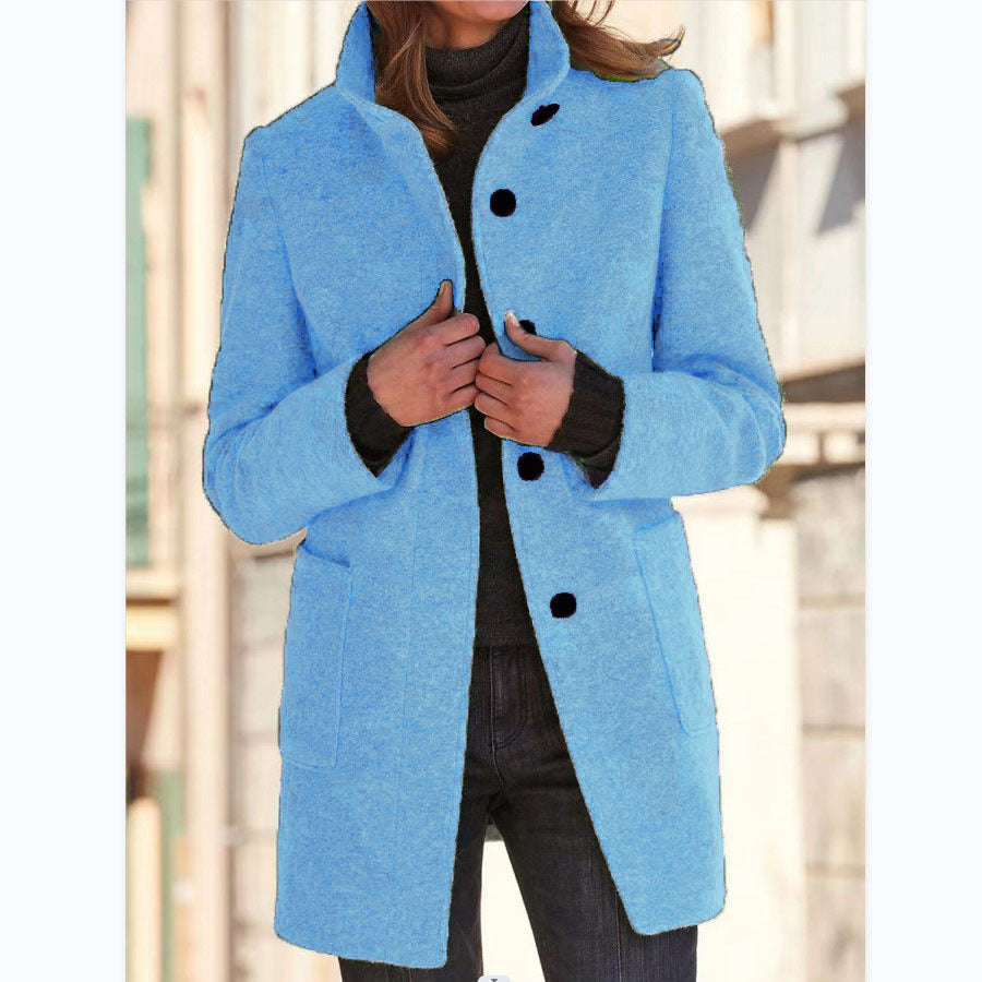 Women's Stand Collar Woollen Coat With Pockets and Suitable For Autumn & Winter - Ladies' Casual Button Outwear