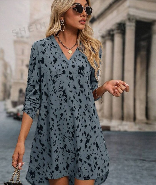 Women's All-Over Print Roll-Up Sleeve Casual High Low Long Sleeve V-Neck Regular Fit Short Apricot Sleeve With Tunic - Ladies' Short Dresses