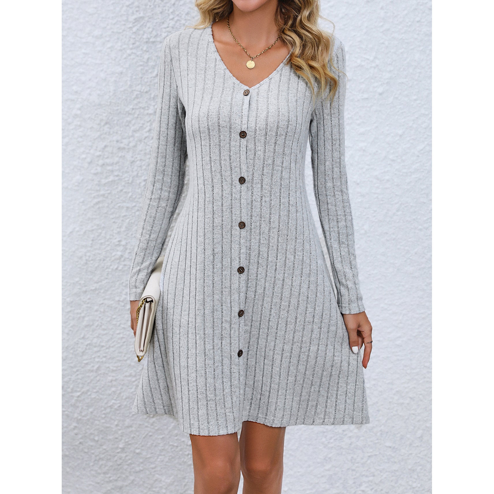 Women's Fashion Button Waist Long-Sleeve Dress