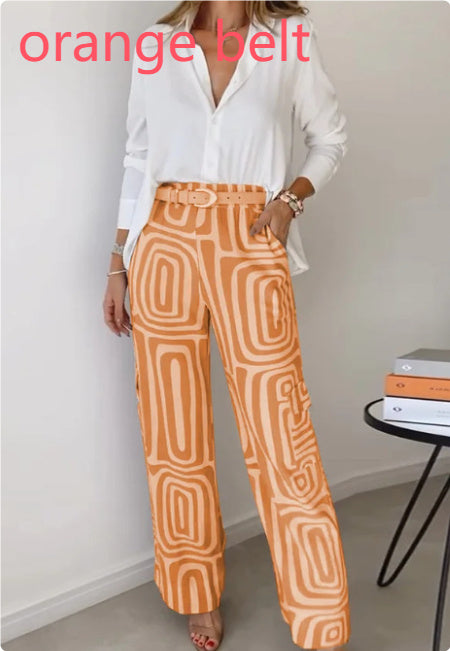 Women's Casual Long-Sleeved Lapel Shirt Printed Wide-Leg Pants Suit