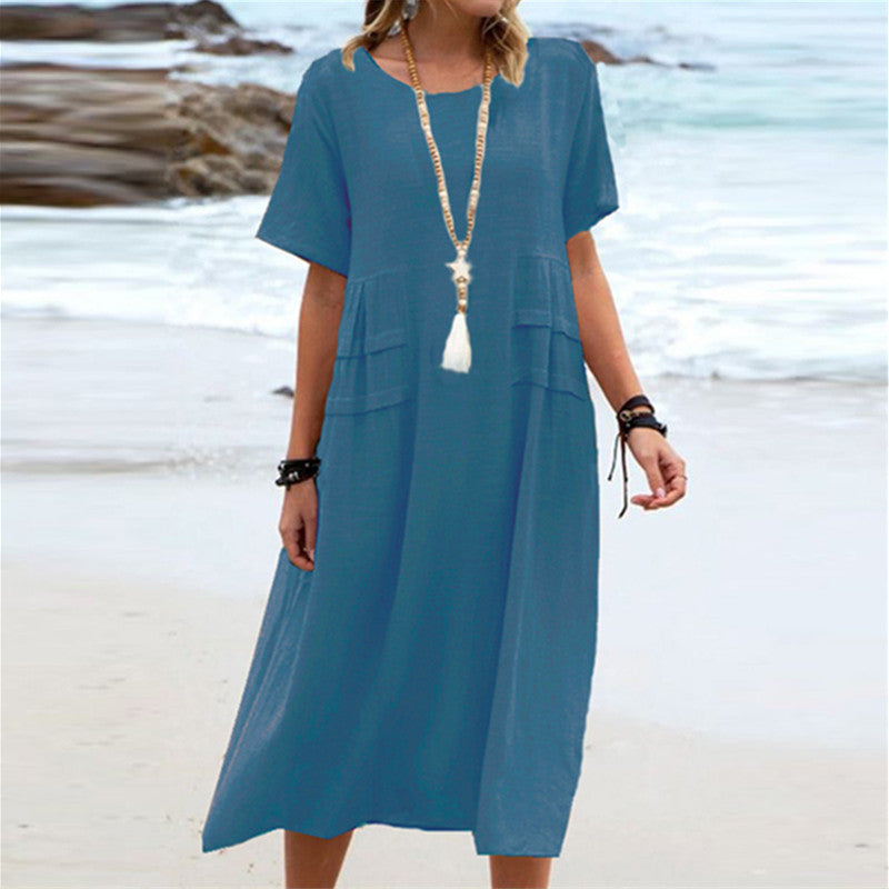 Women's Summer Loose Casual Mid Breathable Dress, Cotton Linen Short-Sleeve & Mid-Length Simple Beach Dress