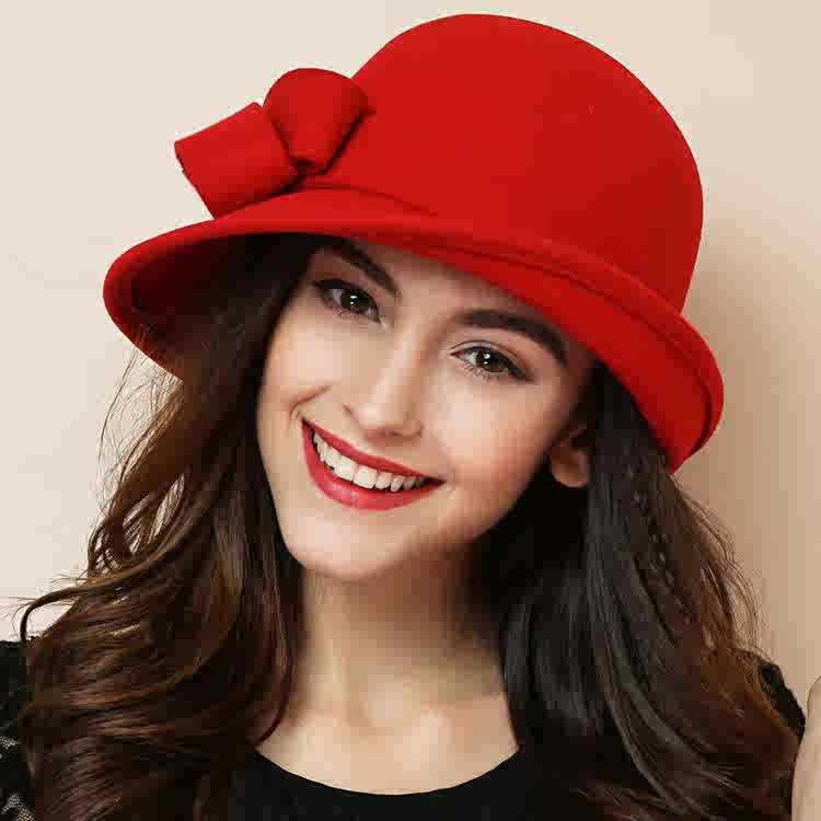 Women's Warm French-Style Elegant Retro Woollen Bowler Hat Curling Bow