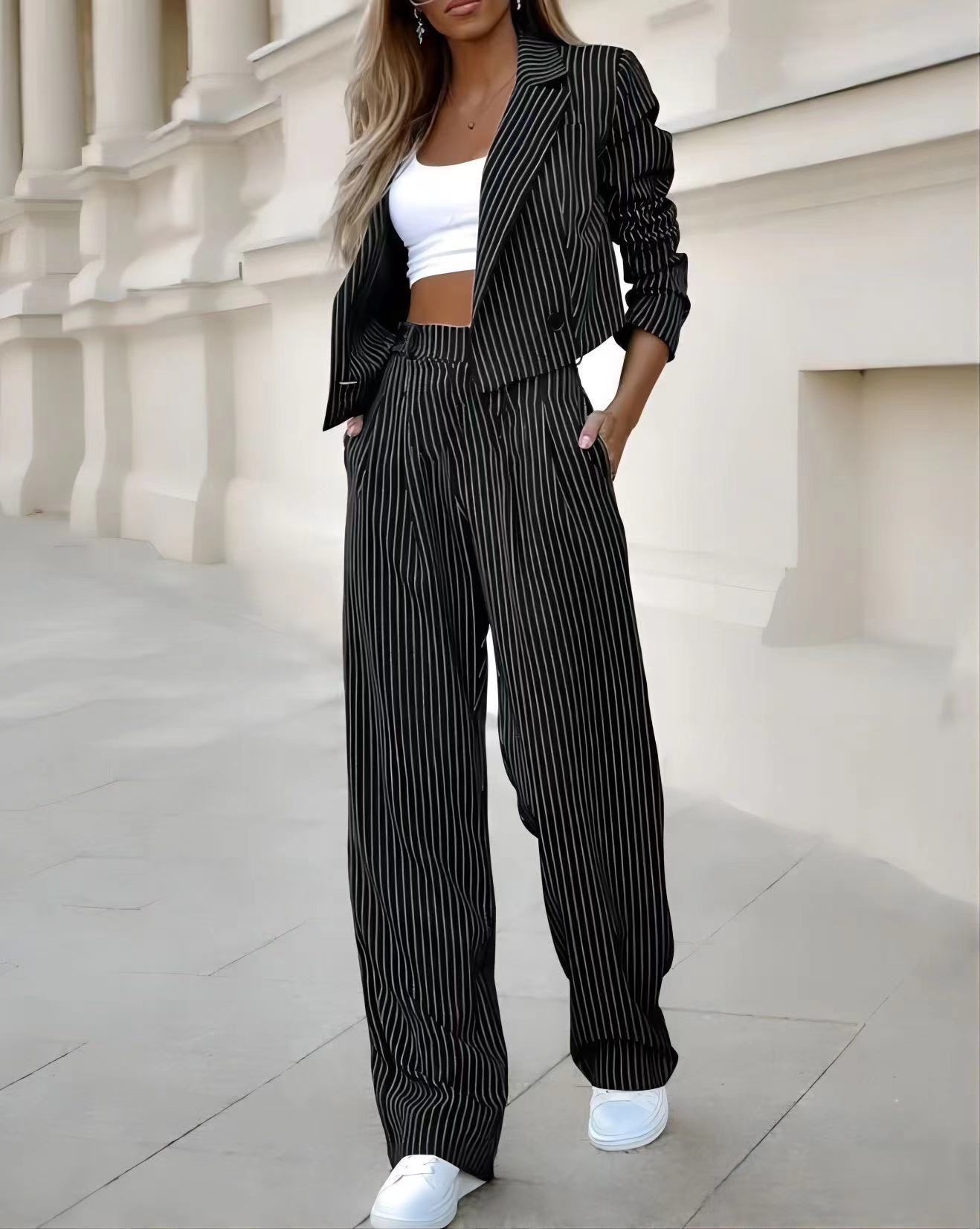 Women's Spring Fashion Striped Suits - Casual Lapel Long-Sleeve Cropped Top And Straight Pants Outfits
