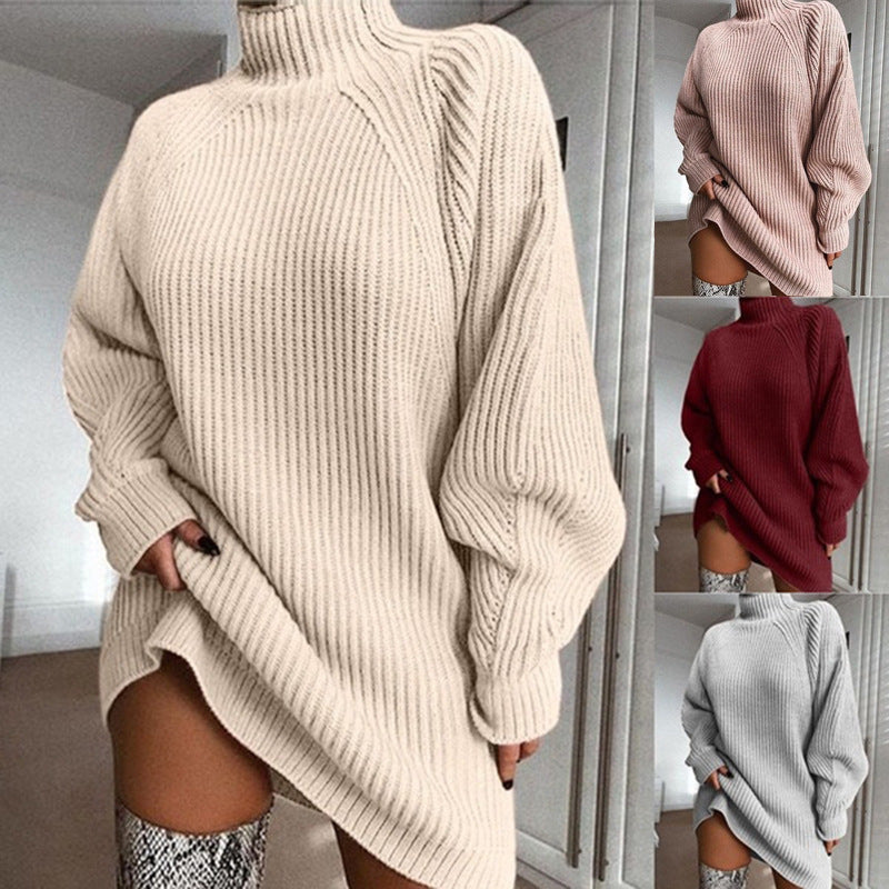 Women's Solid Warm Turtleneck Long Sweater Dress For Winter