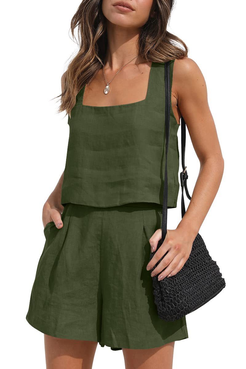 Women's Suit Square Neck Tops, Shorts Sets Lounge Clothes - Beach Summer Casual 2 Piece Outfits