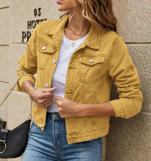 Solid Colour Fashion Slim Lapel Denim Jacket For Women