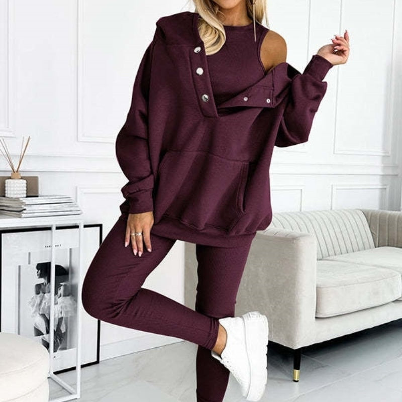 Athleisure Hoodie With Thick Thread Slim-Fit Vest Pants Three Pieces Set For Women