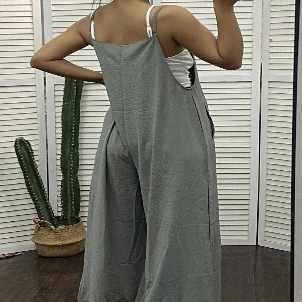 Women's Sleeveless Jumpsuit With Pockets And Adjustable Shoulder Strap - Wide Leg Straight Overalls Summer Beach Trousers