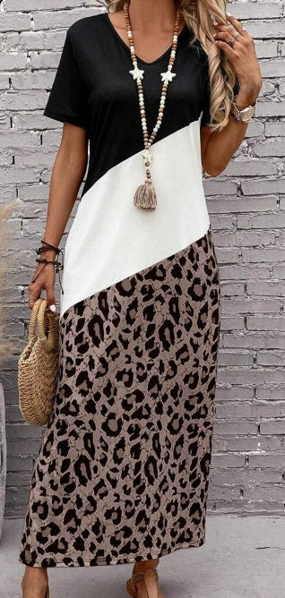 Women's Leopard Print Colour Block Long Summer Tee Sleeve Dress For Ladies