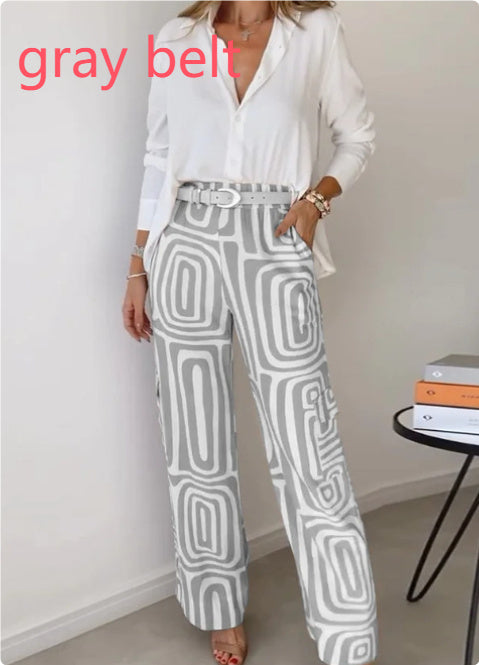 Women's Casual Long-Sleeved Lapel Shirt Printed Wide-Leg Pants Suit