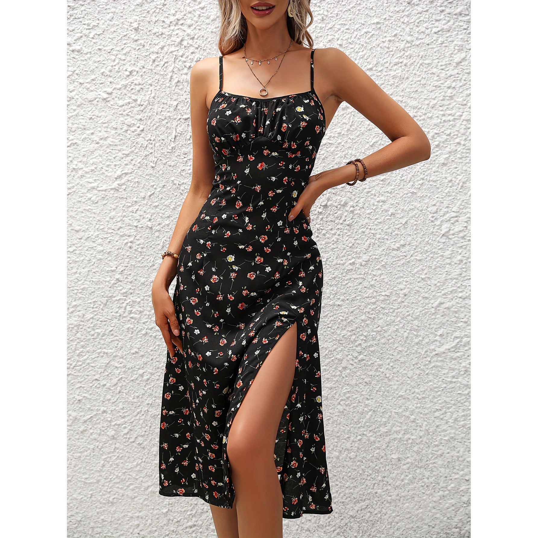 Women's Polka Dot Print Suspender Dress - Summer Sexy Split Long Dresses