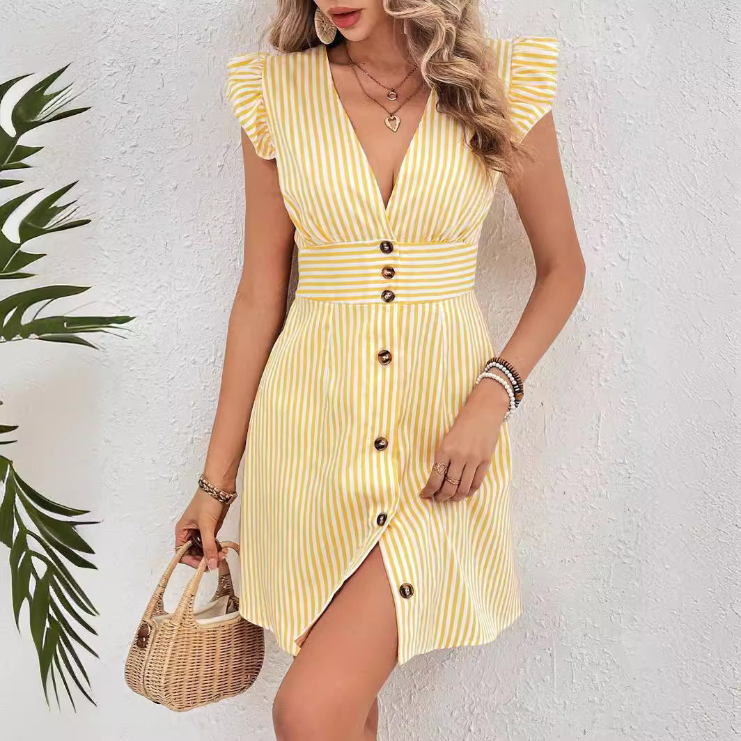 Women's Summer V-Neck Single-Breasted Fly-Sleeve Shirt Dresses With Elegant Splicing Stripe Printing Beach Style