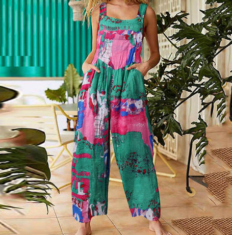 Patchwork Printed Button Suspender Jumpsuit For Women