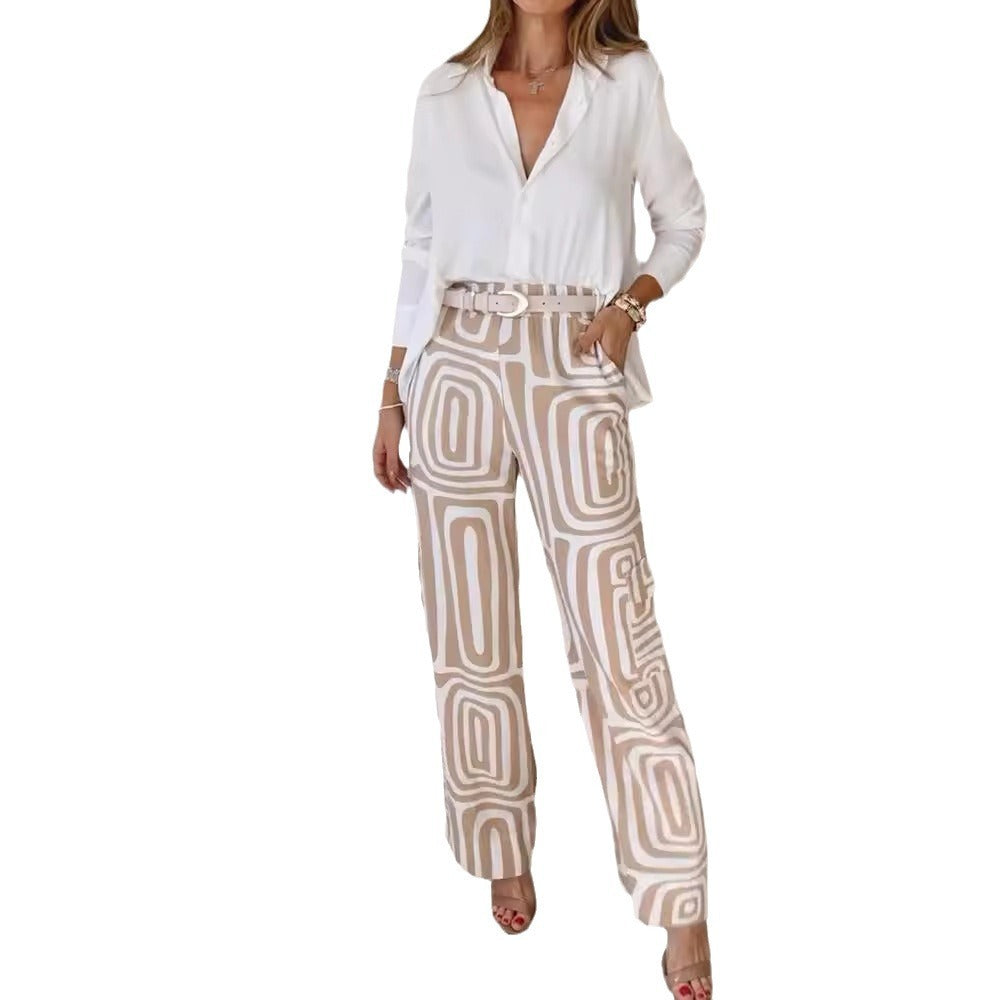 Women's Casual Long-Sleeved Lapel Shirt Printed Wide-Leg Pants Suit