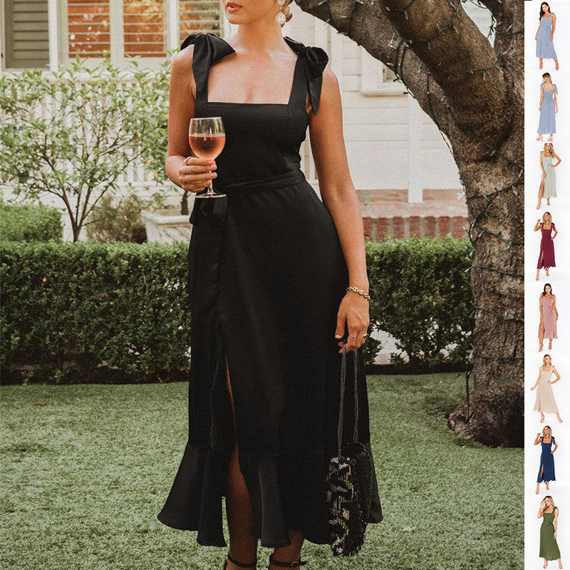 Women's Temperament Suspender Split Dress With Lace-Up Design - Fashion Summer Ruffled Beach Dresses