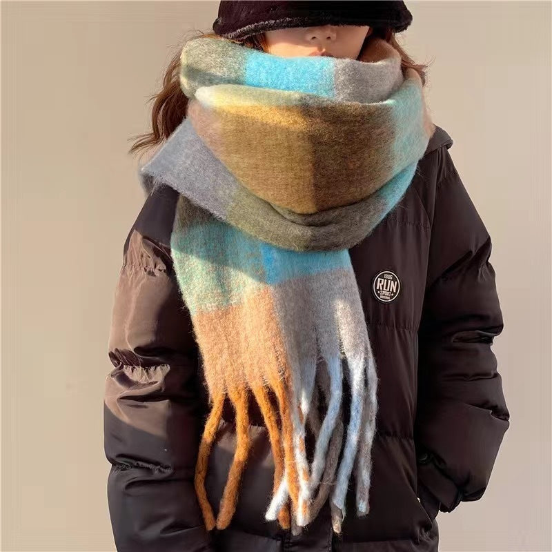 Women's Plaid Tassel Scarf Rainbow Colour-Blocking Shawl