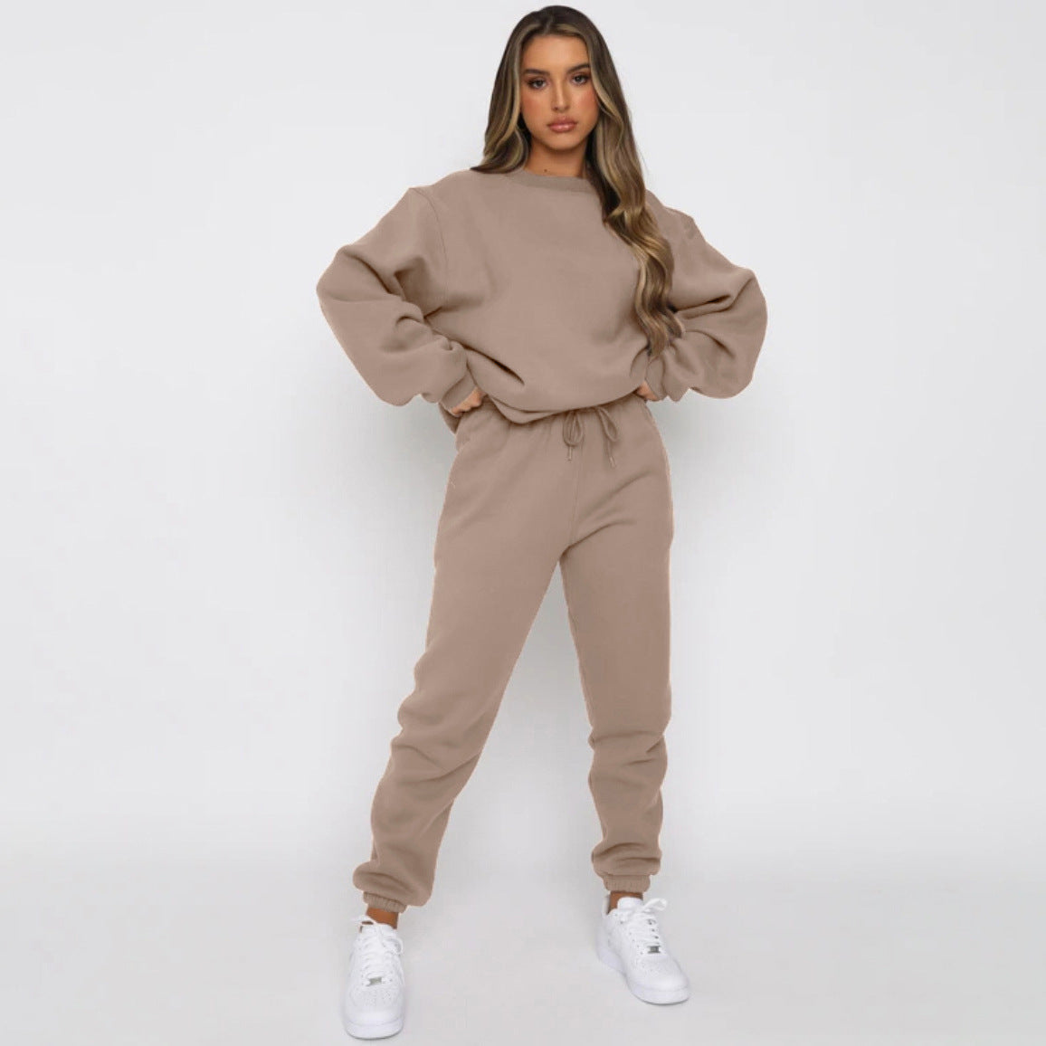 Solid Colour Round Neck Pullover, Long Pants And Long Sleeve Hoodie Set