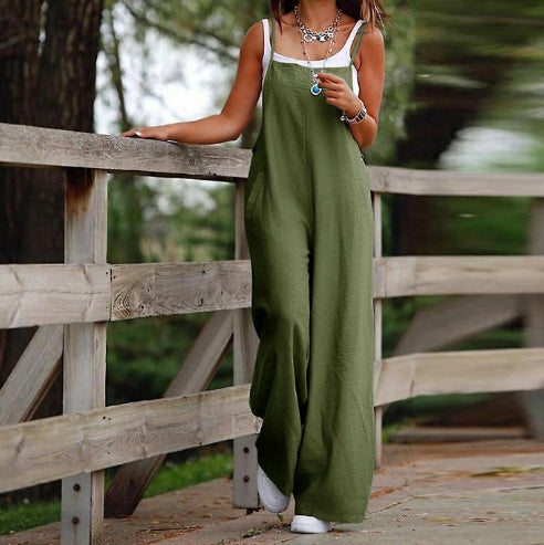 Women's Sleeveless Jumpsuit With Pockets And Adjustable Shoulder Strap - Wide Leg Straight Overalls Summer Beach Trousers