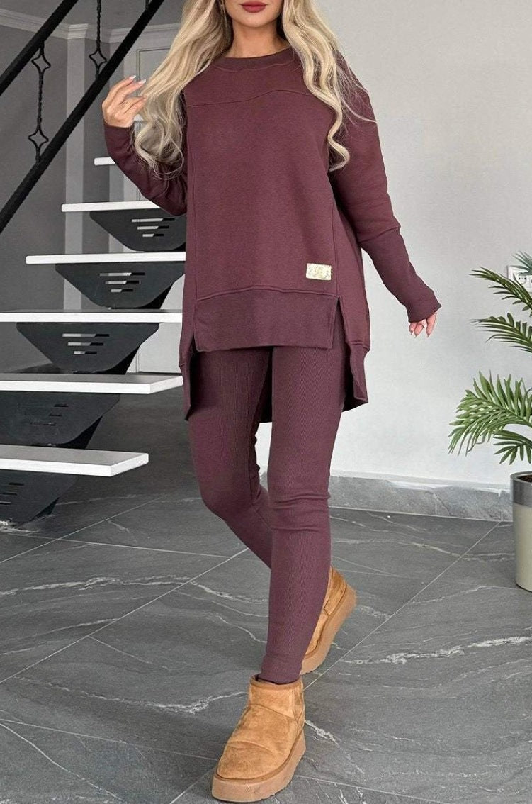 Women's Slit Long-Sleeve Top And Trousers Suit