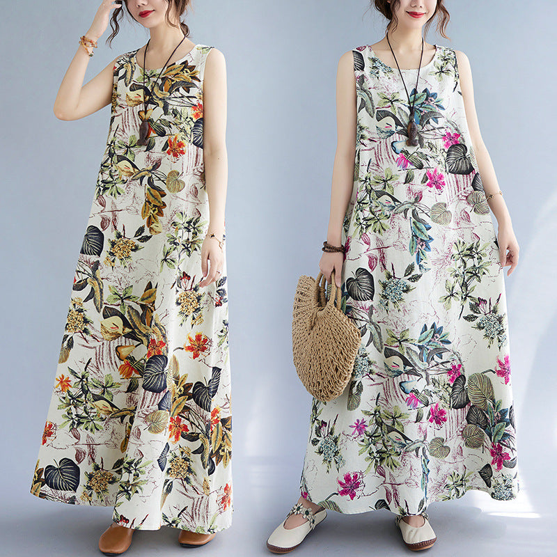 Women's Printed Cotton Linen Round Neck Sleeveless Dress