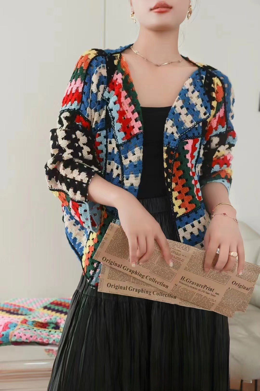 Sweet Heavy Industry Colour Woven Crochet Loose Slim Long Sleeve Sweater For Women