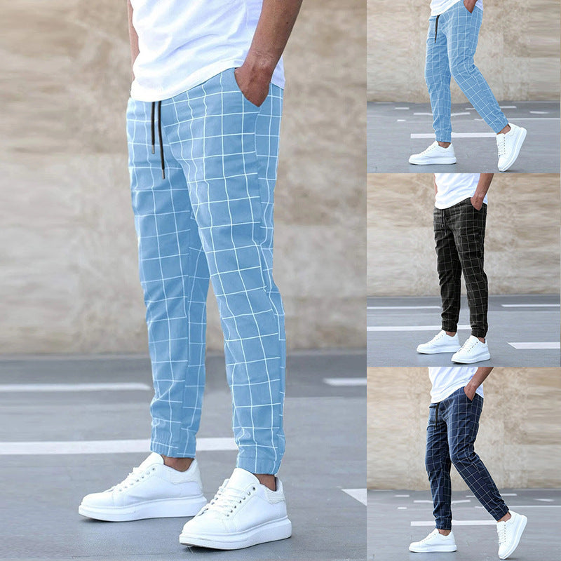 Men's Casual Drawstring Trousers - Plaid Print Pants
