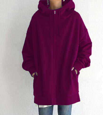 Women's Oversized Loose Hooded Coats, Autumn Tie Collar Long Sleeve Zipper Up And Velvet Long Sweatshirt Sizes S-5XL