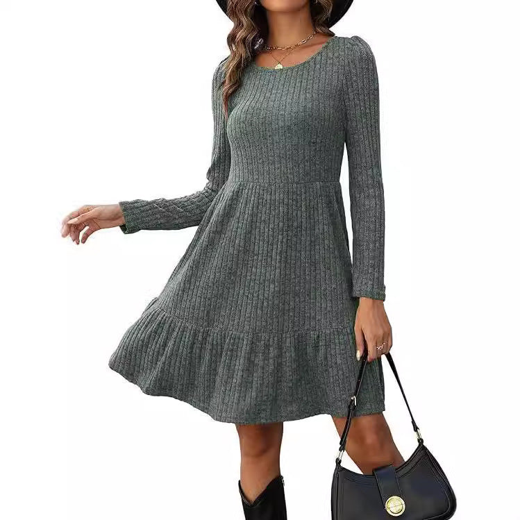 Women's Solid Colour Round Neck Knitted Dress Sweater
