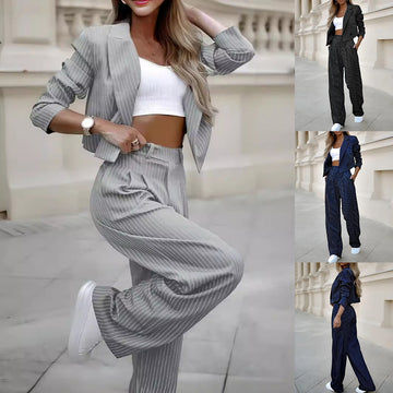 Women's Spring Fashion Striped Suits - Casual Lapel Long-Sleeve Cropped Top And Straight Pants Outfits