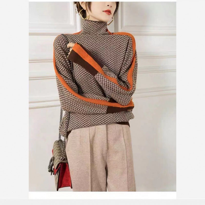 Women's Loose Contrast Colour Sleeve Full Imitation Wool Turtleneck Suitable For Autumn And Winter