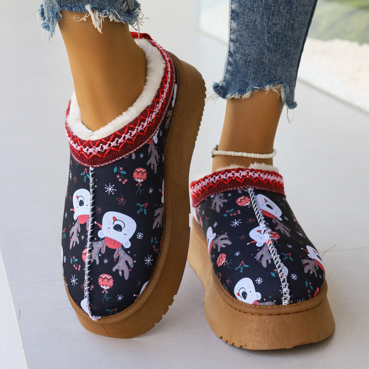 Women's Winter Cartoon Christmas Print Ankle Boots - Casual Slip On Plush Lined Comfortable Home Shoes