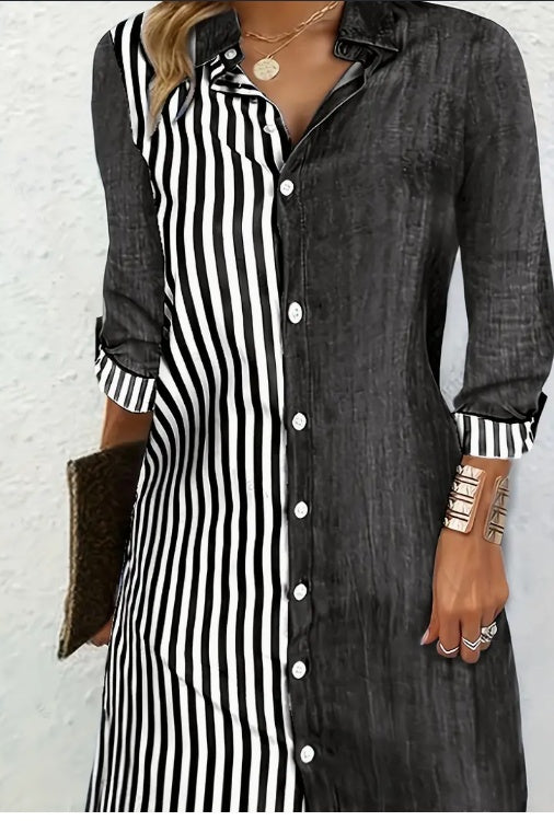 Women's Stylish Striped Print Colour Block Long-Sleeve Shirt Dress - Versatile Dress Suitable For Autumn