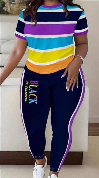 Women's Fashionable Colourful Stripe Print T-Shirt And Pants Casual Set