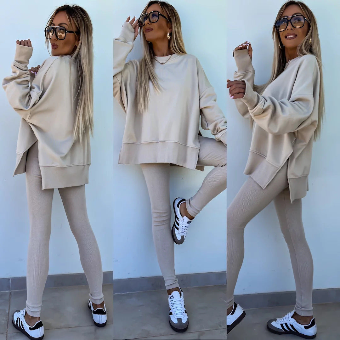 Women's Sweater Suit - Casual Loose Long Sleeve Crew Neck Split Top With Tight Trousers