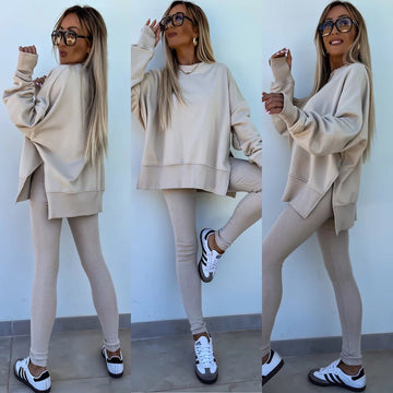 Women's Sweater Suit - Casual Loose Long Sleeve Crew Neck Split Top With Tight Trousers