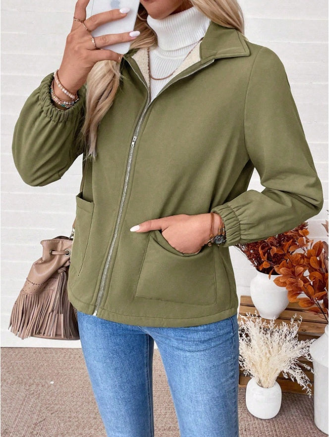 Women's Casual Solid Colour Zipper Fleece Jacket For Autumn And Winter