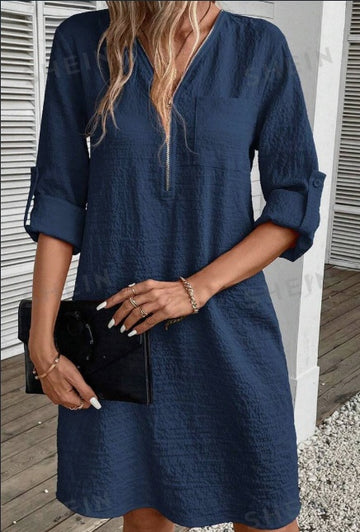 Women's Textured Zipper Half-Buttoned Dress With Patch Pockets For Ladies