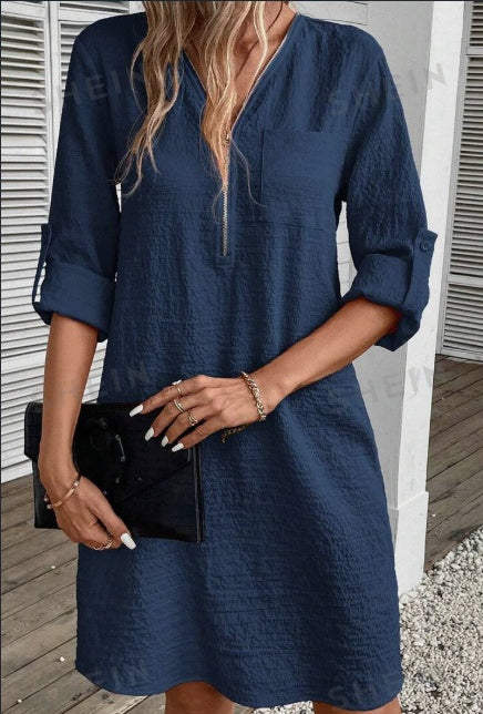 Women's Textured Zipper Half-Buttoned Dress With Patch Pockets For Ladies