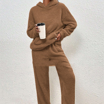 Fleece-Lined Hooded Long-Sleeve Dimensional Patch Pocket Casual Trousers - Solid Colour Suit For Women