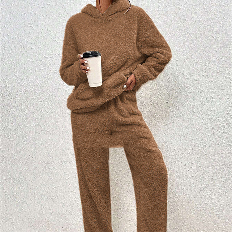 Fleece-Lined Hooded Long-Sleeve Dimensional Patch Pocket Casual Trousers - Solid Colour Suit For Women
