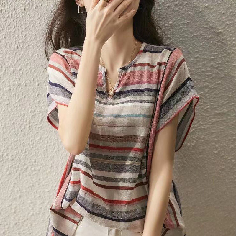 Women's Striped Shirt Short-Sleeve Loose