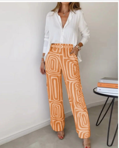 Women's Casual Long-Sleeved Lapel Shirt Printed Wide-Leg Pants Suit