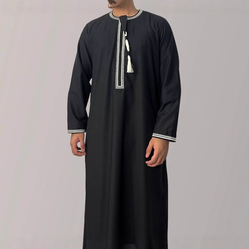 Solid Colour Round Neck Embroidered Thick Tassel Oman Gowns And Suitable For Saudi Arabia Men