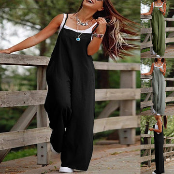 Women's Sleeveless Jumpsuit With Pockets And Adjustable Shoulder Strap - Wide Leg Straight Overalls Summer Beach Trousers