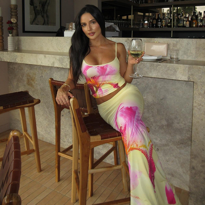 Women's Fashion Personality Street Leisure Vacation Chest Slimming Sleeveless Slip Dress Set