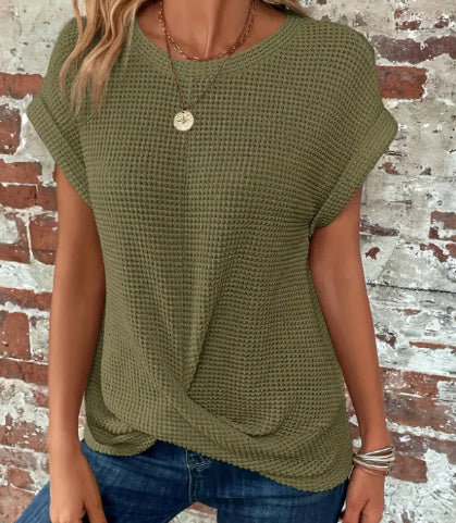 Women's Short-Sleeved Waffle Summer T-Shirt - Solid Colour Crew Neck Top